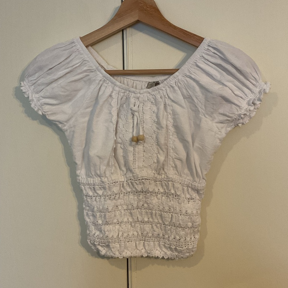 Blanco 100% Cotton Made in Peru Coquette Lace Smock Back Peasant Gypsy Top Sz S